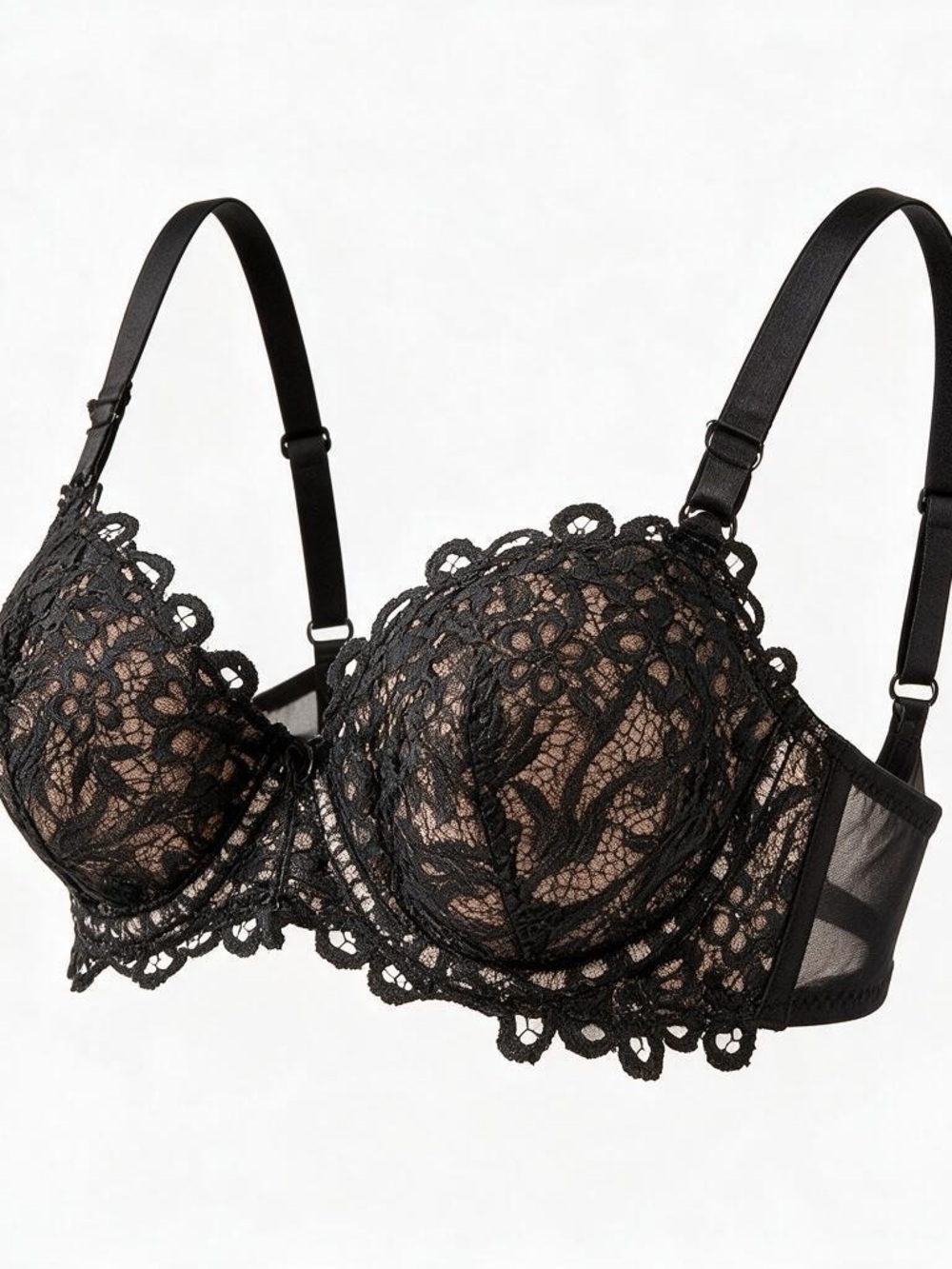 Black Floral Lace Underwire Bra with Sheer Detailing with g-string